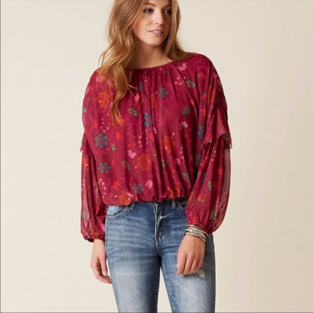 Free People Oversized Cropped Floral Wildflower Honey Peasant Blouse Top Sz Med